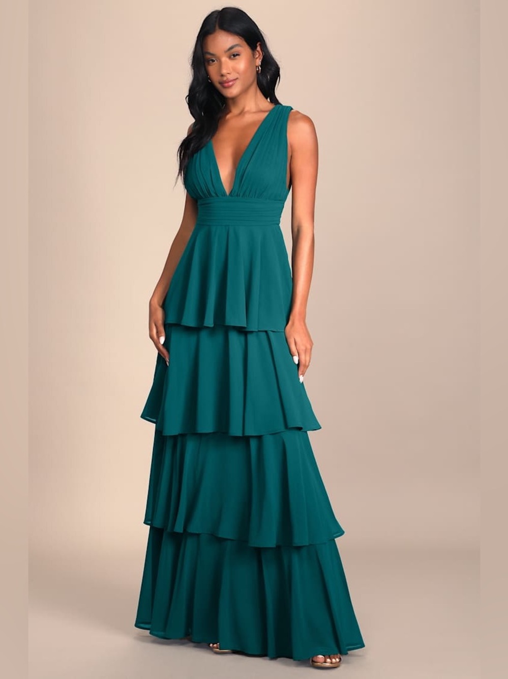 Lulus Emerald Green Tiered Ruffle Plunging V-Neck Maxi Dress XXS